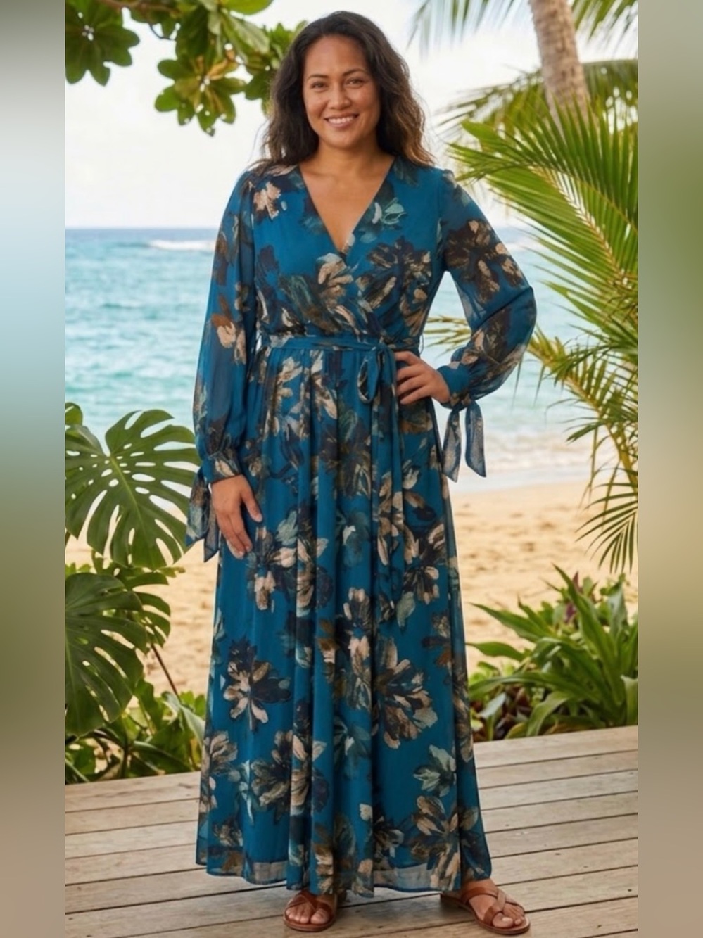 Calvin Klein Floral Chiffon Long Sleeve Midi Dress Sz 14
